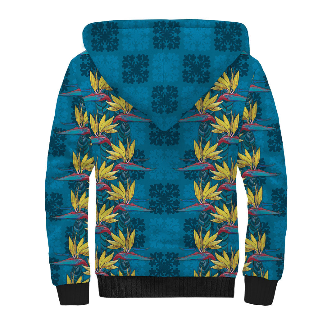 Hawaii Waikiki King Sherpa Hoodie Blue Quilt With Pua Manu LT05 - Polynesian Pride