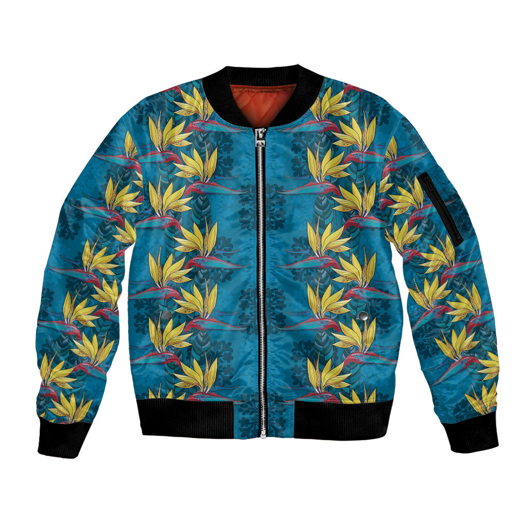 Hawaii Waikiki King Sleeve Zip Bomber Jacket Blue Quilt With Pua Manu LT05 Unisex Blue - Polynesian Pride