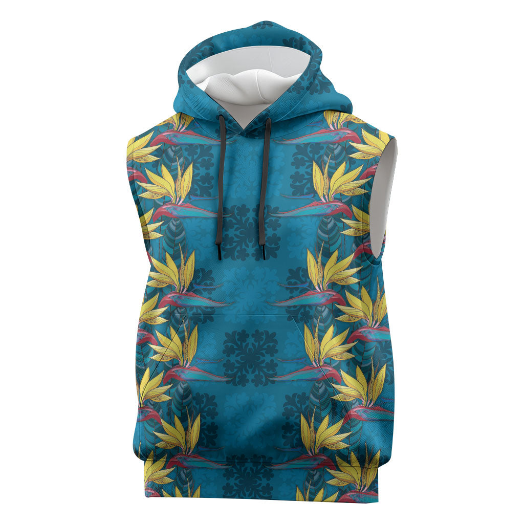 Hawaii Waikiki King Sleeveless Hoodie Blue Quilt With Pua Manu LT05 Blue - Polynesian Pride
