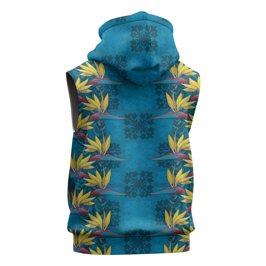 Hawaii Waikiki King Sleeveless Hoodie Blue Quilt With Pua Manu LT05 - Polynesian Pride