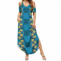 Hawaii Waikiki King Summer Maxi Dress Blue Quilt With Pua Manu LT05 Women Blue - Polynesian Pride