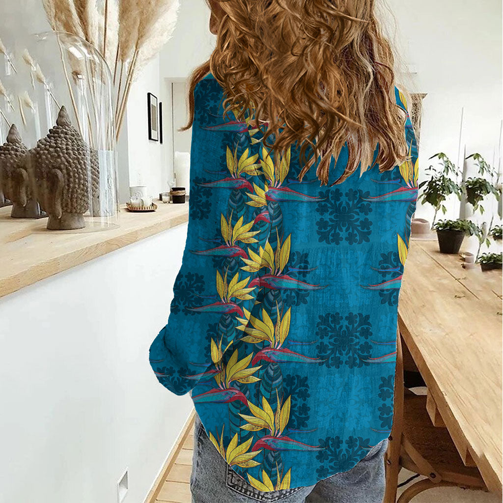 Hawaii Waikiki King Women Casual Shirt Blue Quilt With Pua Manu LT05 - Polynesian Pride