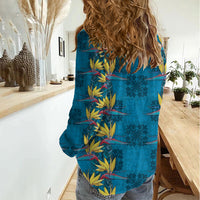 Hawaii Waikiki King Women Casual Shirt Blue Quilt With Pua Manu LT05 - Polynesian Pride