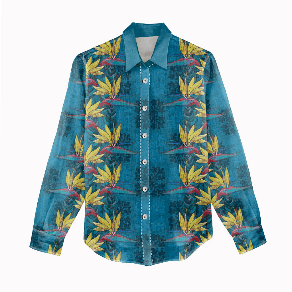 Hawaii Waikiki King Women Casual Shirt Blue Quilt With Pua Manu LT05 - Polynesian Pride