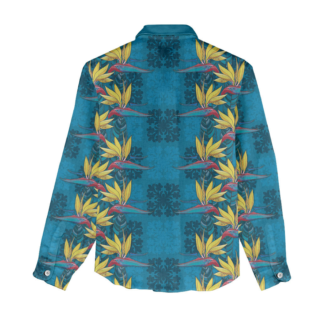 Hawaii Waikiki King Women Casual Shirt Blue Quilt With Pua Manu LT05 - Polynesian Pride