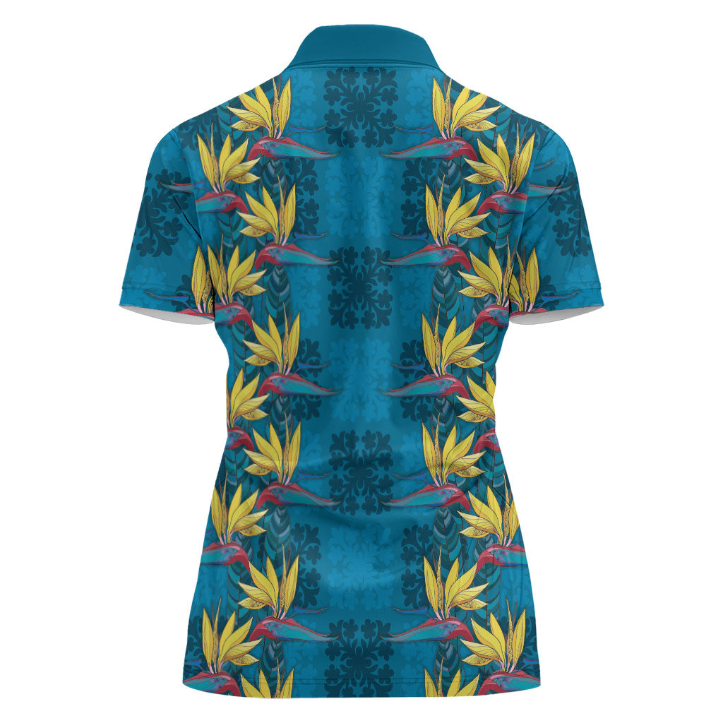Hawaii Waikiki King Women Polo Shirt Blue Quilt With Pua Manu LT05 - Polynesian Pride