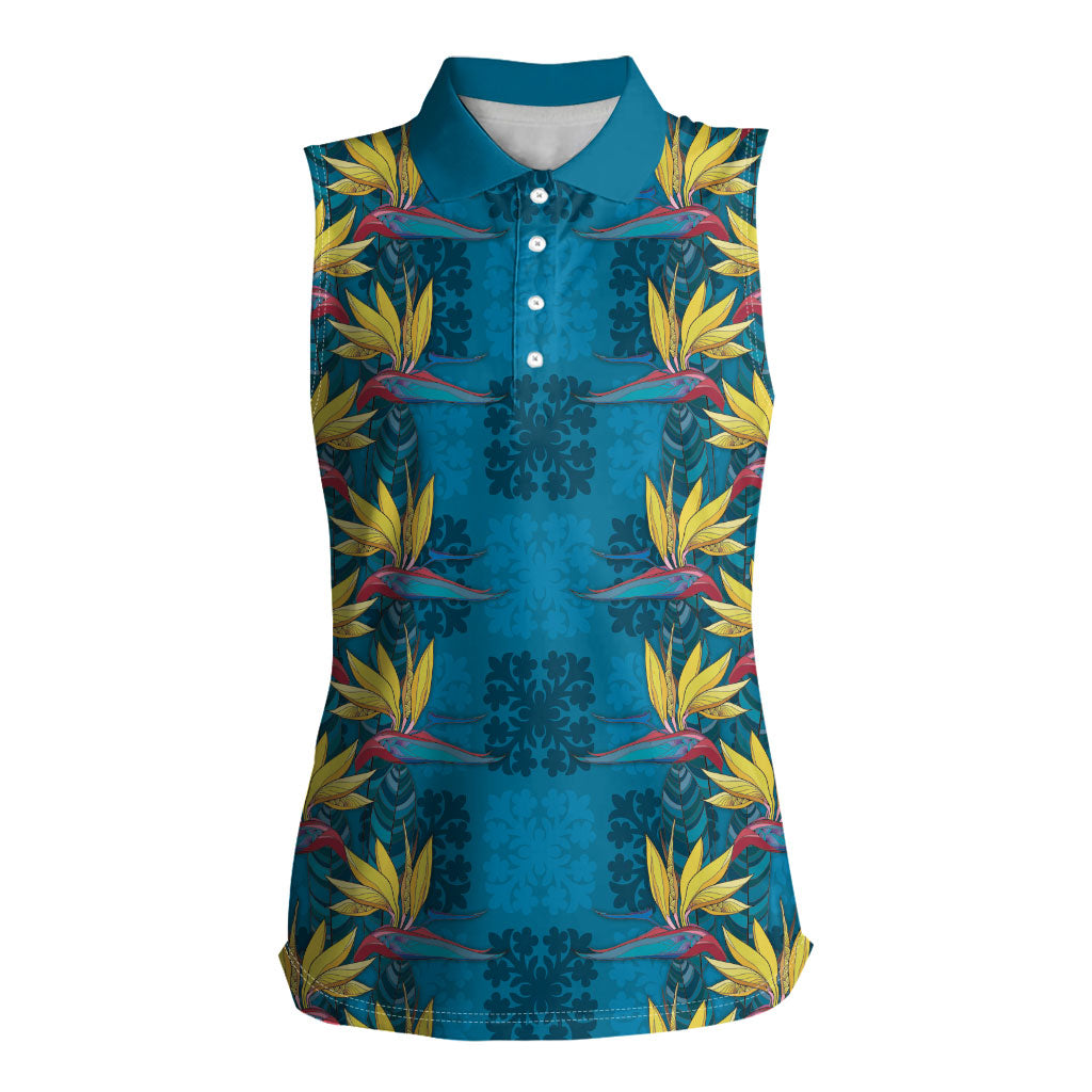 Hawaii Waikiki King Women Sleeveless Polo Shirt Blue Quilt With Pua Manu