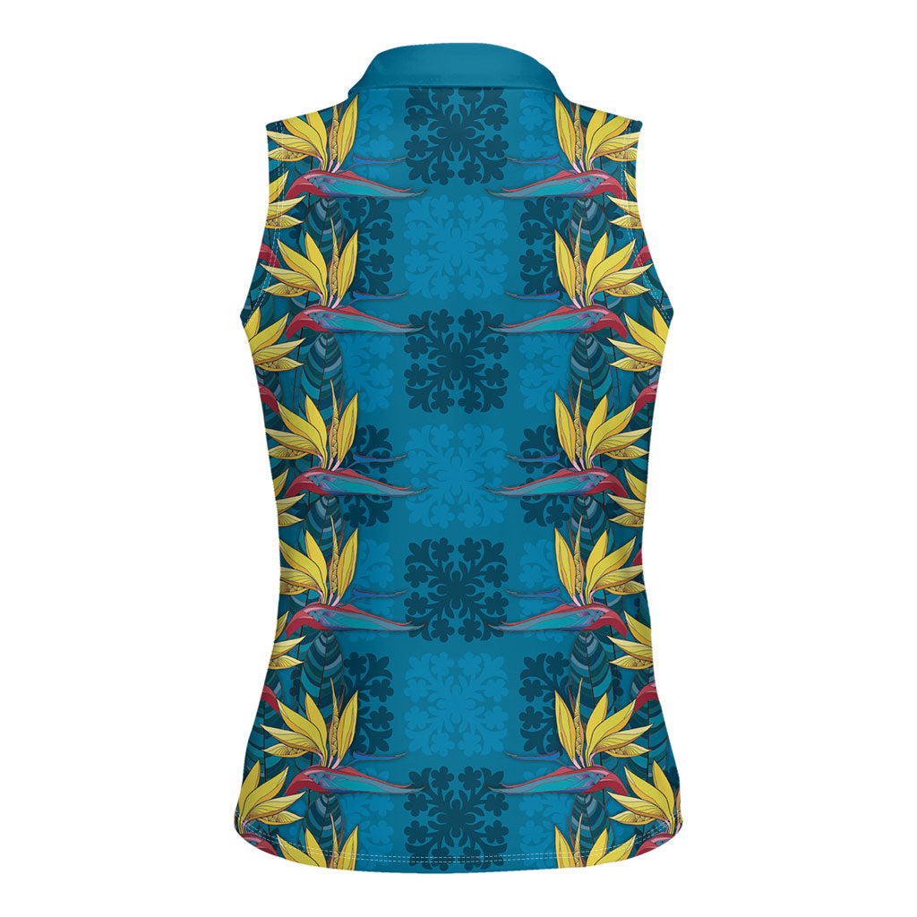 Hawaii Waikiki King Women Sleeveless Polo Shirt Blue Quilt With Pua Manu LT05 - Polynesian Pride