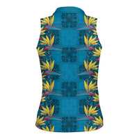 Hawaii Waikiki King Women Sleeveless Polo Shirt Blue Quilt With Pua Manu LT05 - Polynesian Pride