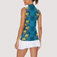 Hawaii Waikiki King Women Sleeveless Polo Shirt Blue Quilt With Pua Manu LT05 - Polynesian Pride