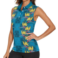 Hawaii Waikiki King Women Sleeveless Polo Shirt Blue Quilt With Pua Manu LT05 - Polynesian Pride