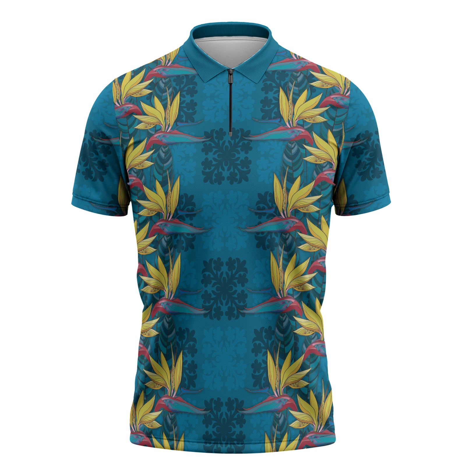 Hawaii Waikiki King Zipper Polo Shirt Blue Quilt With Pua Manu LT05 Blue - Polynesian Pride