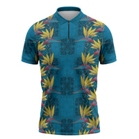 Hawaii Waikiki King Zipper Polo Shirt Blue Quilt With Pua Manu LT05 Blue - Polynesian Pride