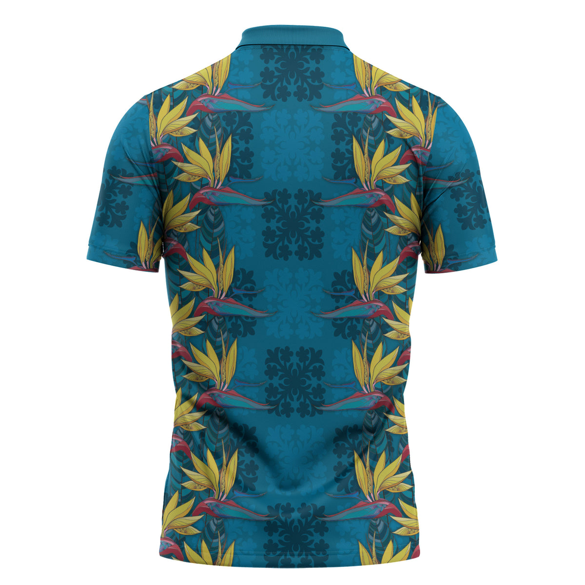 Hawaii Waikiki King Zipper Polo Shirt Blue Quilt With Pua Manu LT05 - Polynesian Pride