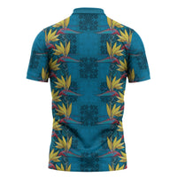 Hawaii Waikiki King Zipper Polo Shirt Blue Quilt With Pua Manu LT05 - Polynesian Pride