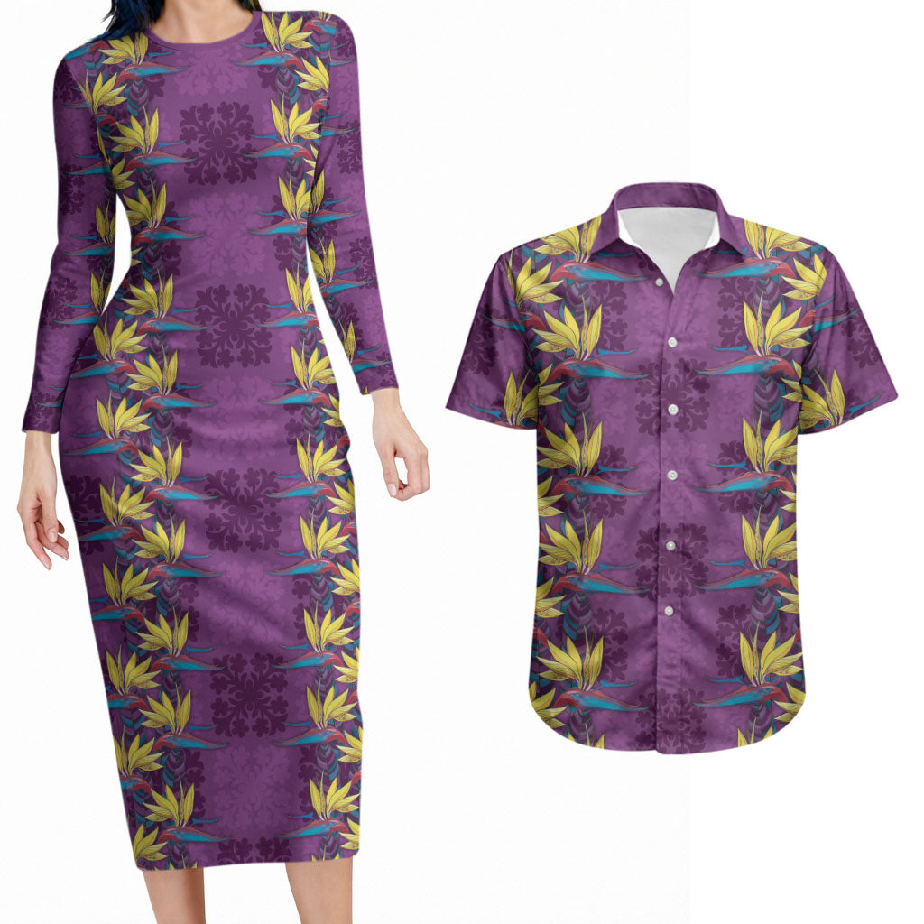 Hawaii Waikiki King Couples Matching Long Sleeve Bodycon Dress and Hawaiian Shirt Purple Quilt With Pua Manu LT05 Purple - Polynesian Pride