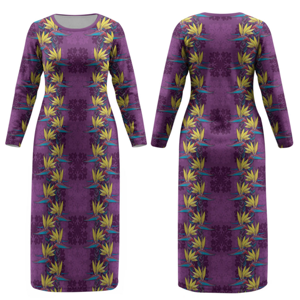 Hawaii Waikiki King Couples Matching Long Sleeve Bodycon Dress and Long Sleeve Button Shirt Purple Quilt With Pua Manu LT05 - Polynesian Pride