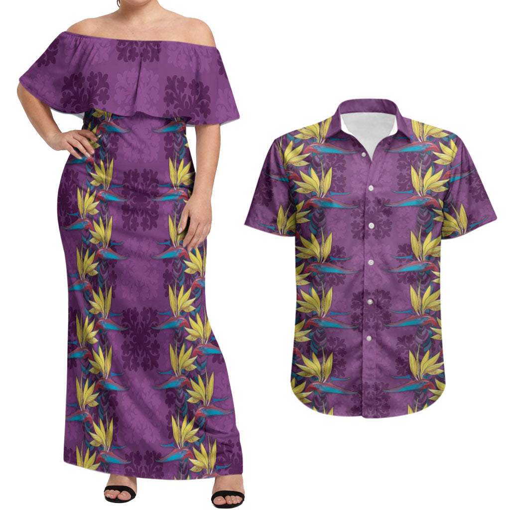 Hawaii Waikiki King Couples Matching Off Shoulder Maxi Dress and Hawaiian Shirt Purple Quilt With Pua Manu LT05 Purple - Polynesian Pride