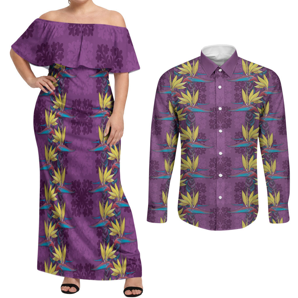 Hawaii Waikiki King Couples Matching Off Shoulder Maxi Dress and Long Sleeve Button Shirt Purple Quilt With Pua Manu LT05 Purple - Polynesian Pride