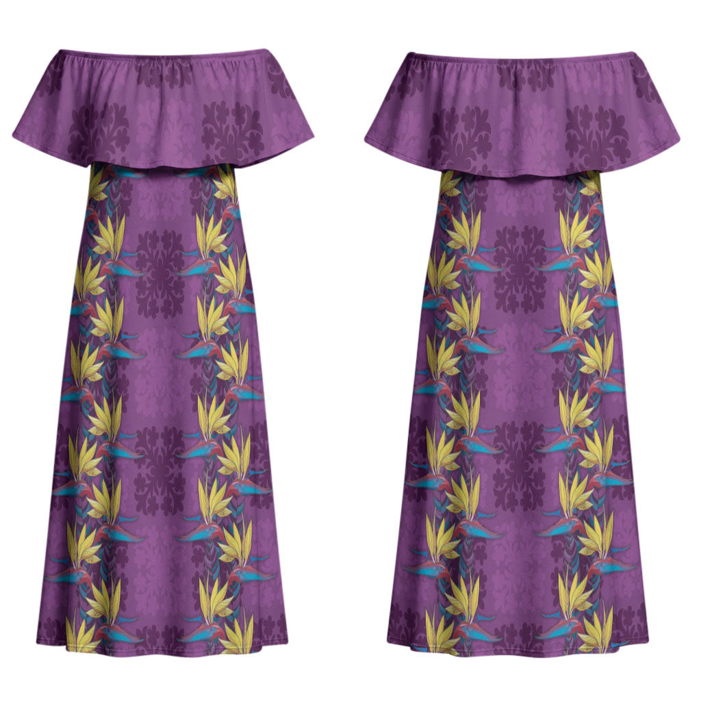Hawaii Waikiki King Couples Matching Off Shoulder Maxi Dress and Long Sleeve Button Shirt Purple Quilt With Pua Manu LT05 - Polynesian Pride