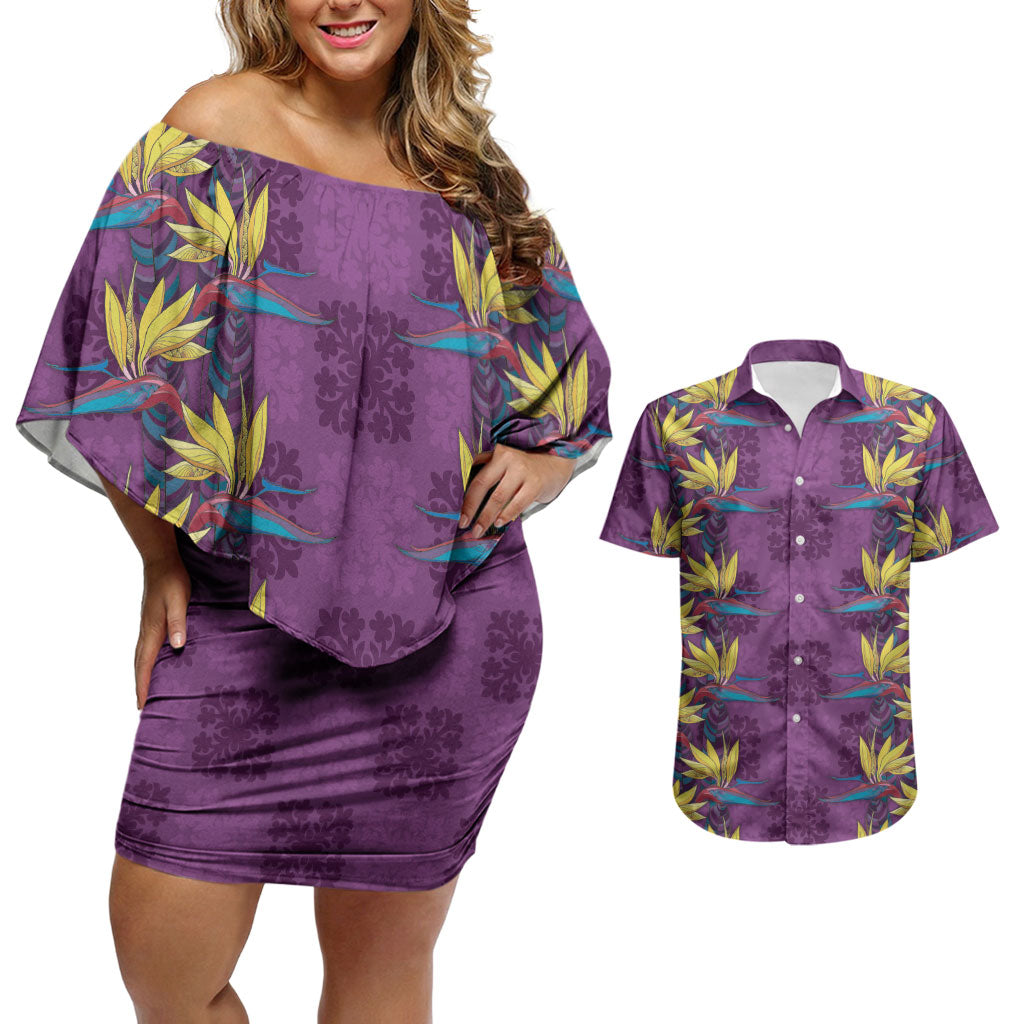 Hawaii Waikiki King Couples Matching Off Shoulder Short Dress and Hawaiian Shirt Purple Quilt With Pua Manu LT05 Purple - Polynesian Pride