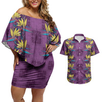 Hawaii Waikiki King Couples Matching Off Shoulder Short Dress and Hawaiian Shirt Purple Quilt With Pua Manu LT05 Purple - Polynesian Pride