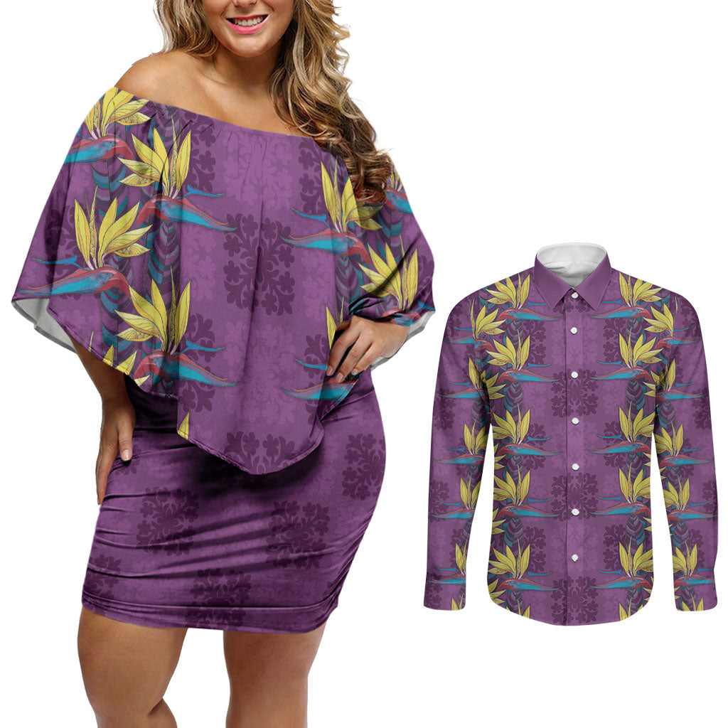 Hawaii Waikiki King Couples Matching Off Shoulder Short Dress and Long Sleeve Button Shirt Purple Quilt With Pua Manu LT05 Purple - Polynesian Pride