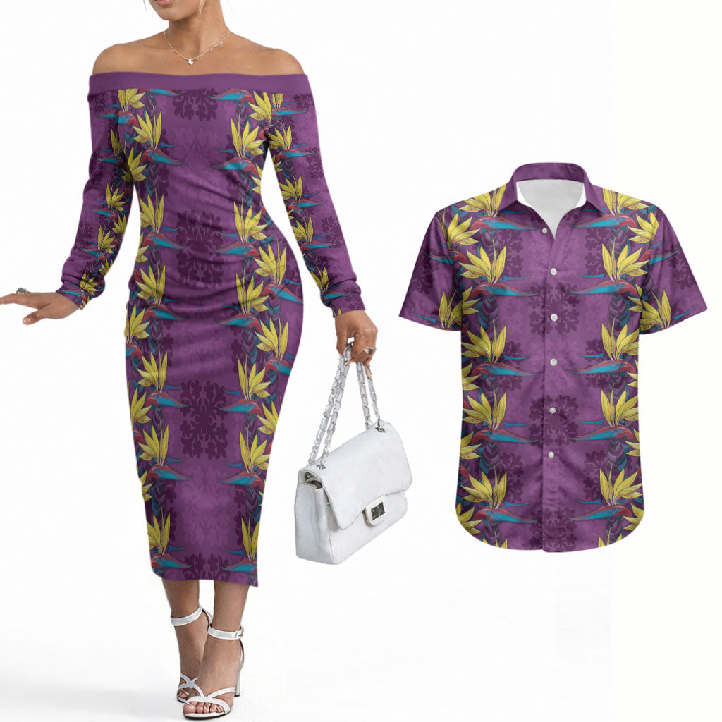 Hawaii Waikiki King Couples Matching Off The Shoulder Long Sleeve Dress and Hawaiian Shirt Purple Quilt With Pua Manu LT05 Purple - Polynesian Pride