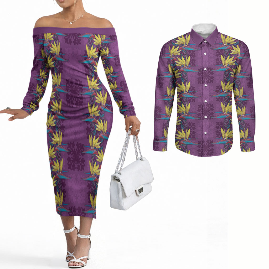 Hawaii Waikiki King Couples Matching Off The Shoulder Long Sleeve Dress and Long Sleeve Button Shirt Purple Quilt With Pua Manu LT05 Purple - Polynesian Pride