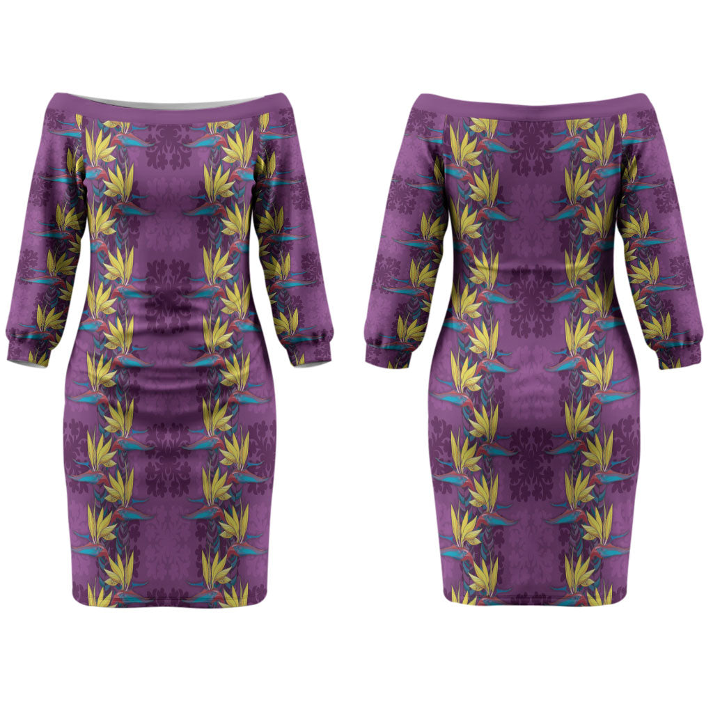 Hawaii Waikiki King Couples Matching Off The Shoulder Long Sleeve Dress and Long Sleeve Button Shirt Purple Quilt With Pua Manu LT05 - Polynesian Pride