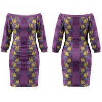 Hawaii Waikiki King Couples Matching Off The Shoulder Long Sleeve Dress and Long Sleeve Button Shirt Purple Quilt With Pua Manu LT05 - Polynesian Pride