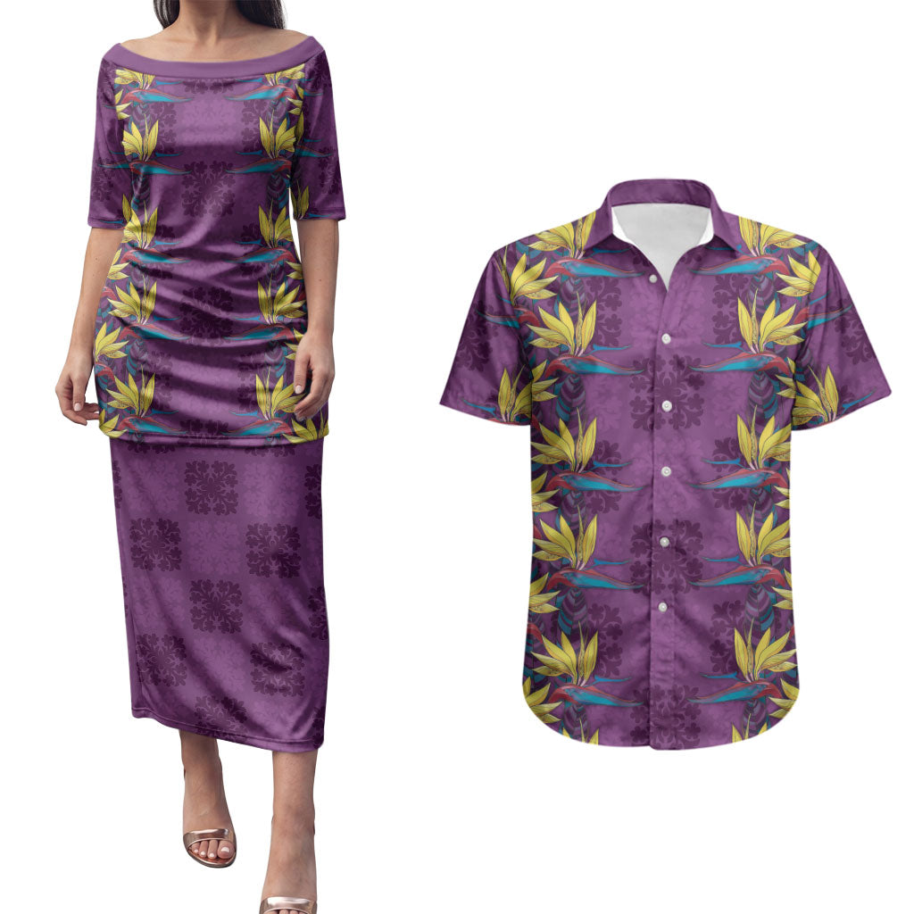 Hawaii Waikiki King Couples Matching Puletasi and Hawaiian Shirt Purple Quilt With Pua Manu LT05 Purple - Polynesian Pride
