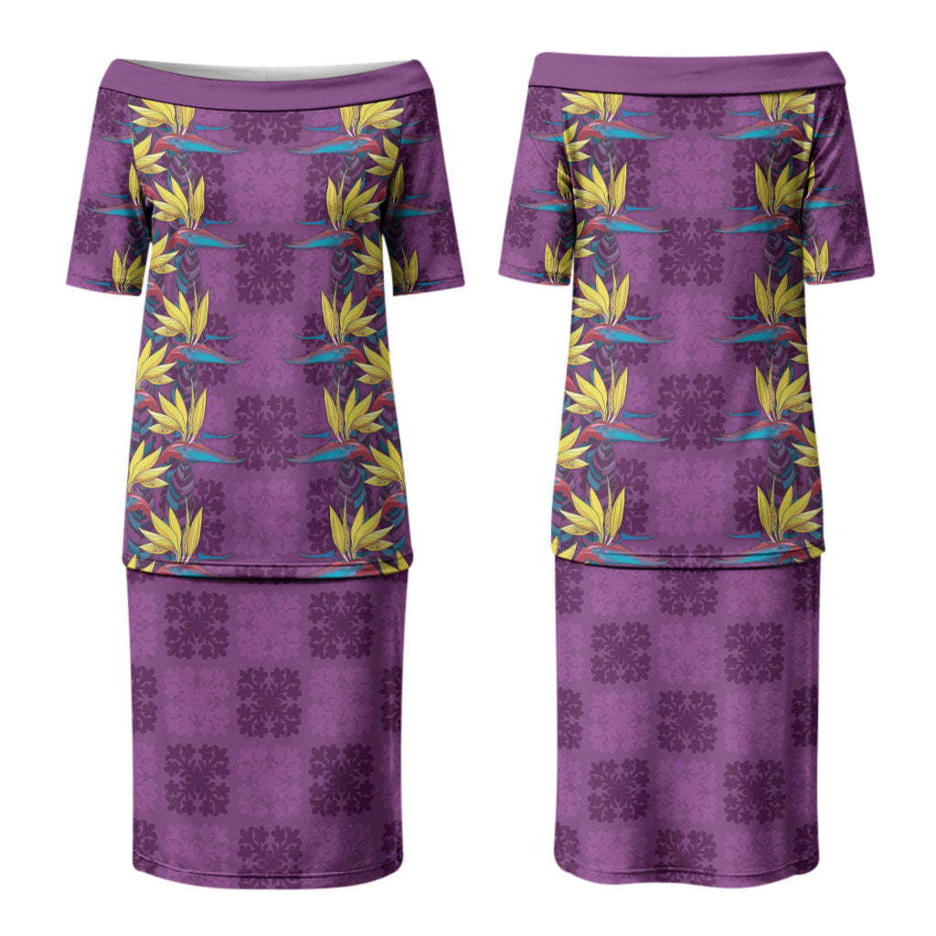 Hawaii Waikiki King Couples Matching Puletasi and Long Sleeve Button Shirt Purple Quilt With Pua Manu LT05 - Polynesian Pride