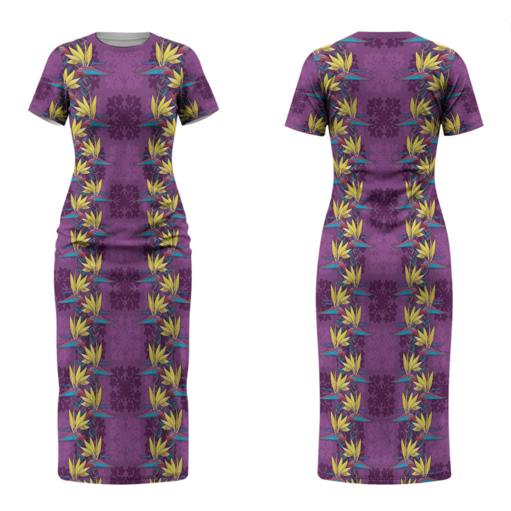 Hawaii Waikiki King Couples Matching Short Sleeve Bodycon Dress and Long Sleeve Button Shirt Purple Quilt With Pua Manu LT05 - Polynesian Pride