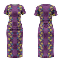 Hawaii Waikiki King Couples Matching Short Sleeve Bodycon Dress and Long Sleeve Button Shirt Purple Quilt With Pua Manu LT05 - Polynesian Pride