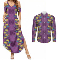 Hawaii Waikiki King Couples Matching Summer Maxi Dress and Long Sleeve Button Shirt Purple Quilt With Pua Manu LT05 Purple - Polynesian Pride