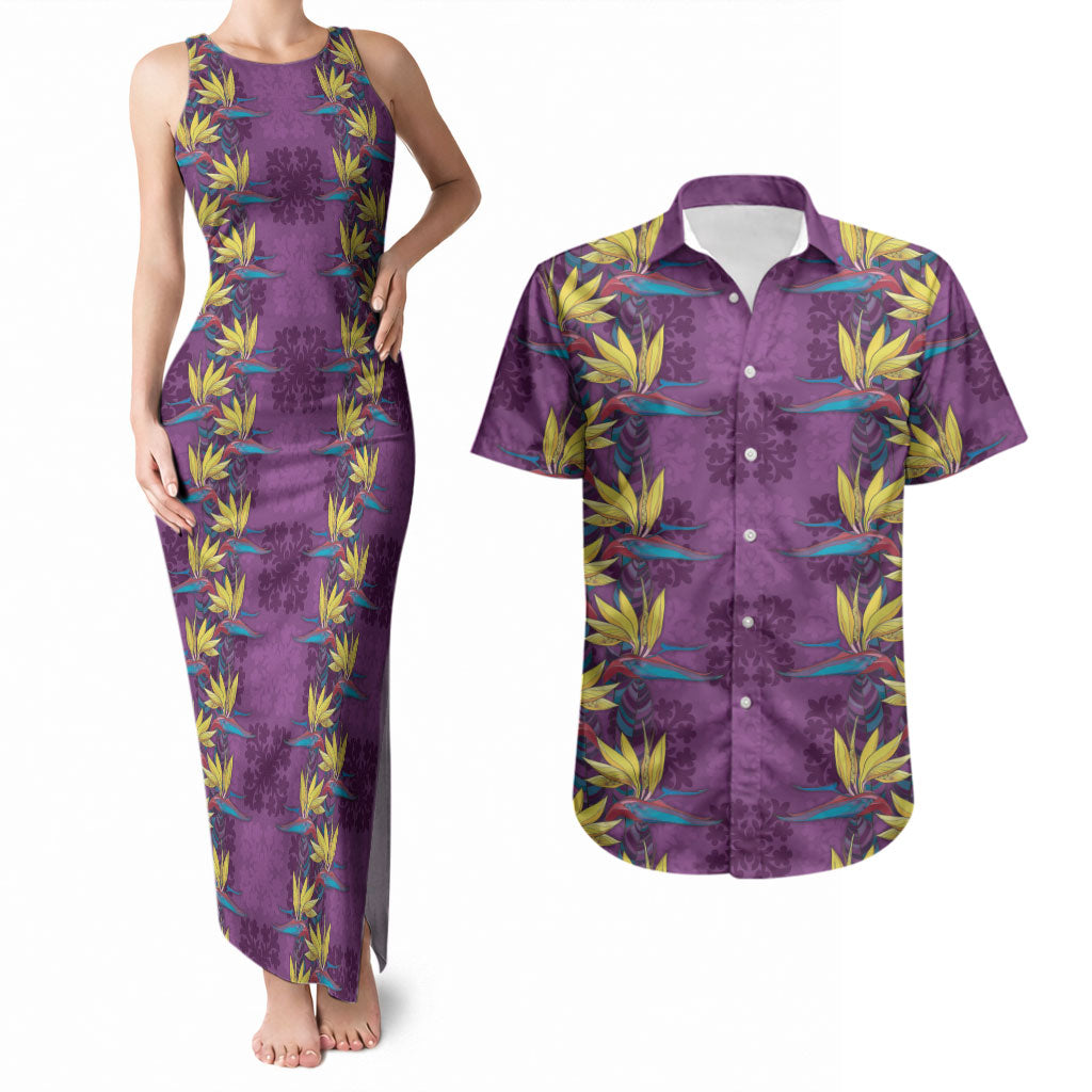 Hawaii Waikiki King Couples Matching Tank Maxi Dress and Hawaiian Shirt Purple Quilt With Pua Manu LT05 Purple - Polynesian Pride