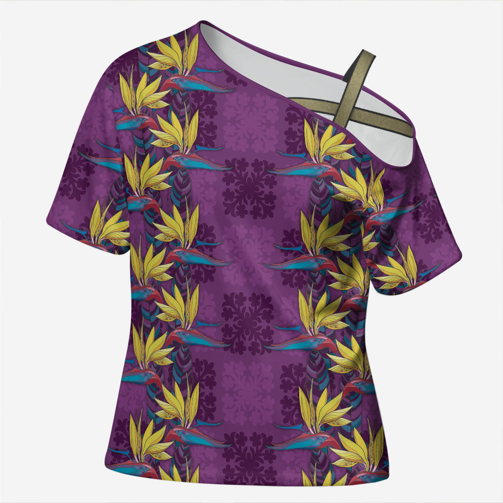 Hawaii Waikiki King Cross Shoulder Shirt Purple Quilt With Pua Manu