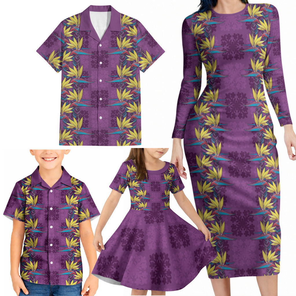 Hawaii Waikiki King Family Matching Long Sleeve Bodycon Dress and Hawaiian Shirt Purple Quilt With Pua Manu LT05 - Polynesian Pride