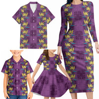 Hawaii Waikiki King Family Matching Long Sleeve Bodycon Dress and Hawaiian Shirt Purple Quilt With Pua Manu LT05 - Polynesian Pride