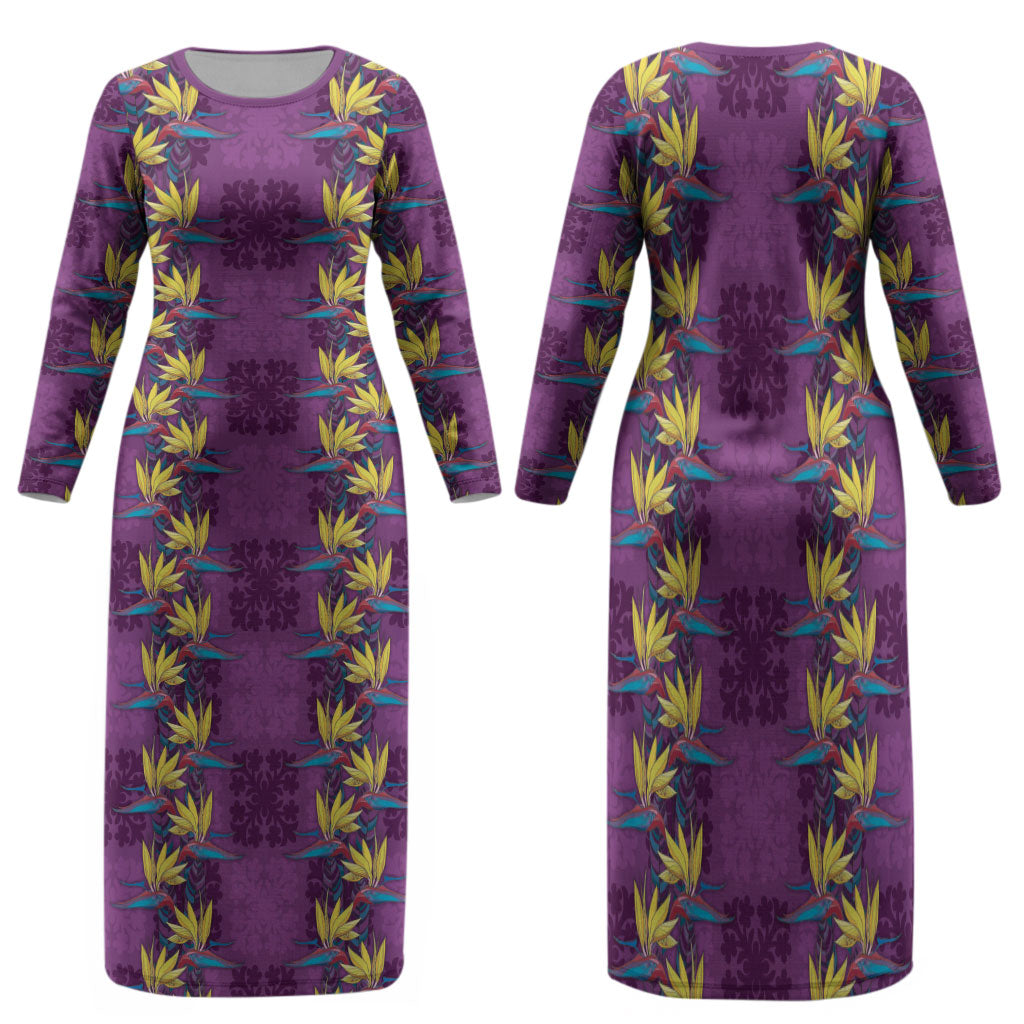 Hawaii Waikiki King Family Matching Long Sleeve Bodycon Dress and Hawaiian Shirt Purple Quilt With Pua Manu LT05 Mom's Dress Purple - Polynesian Pride