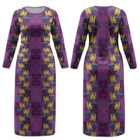 Hawaii Waikiki King Family Matching Long Sleeve Bodycon Dress and Hawaiian Shirt Purple Quilt With Pua Manu LT05 Mom's Dress Purple - Polynesian Pride