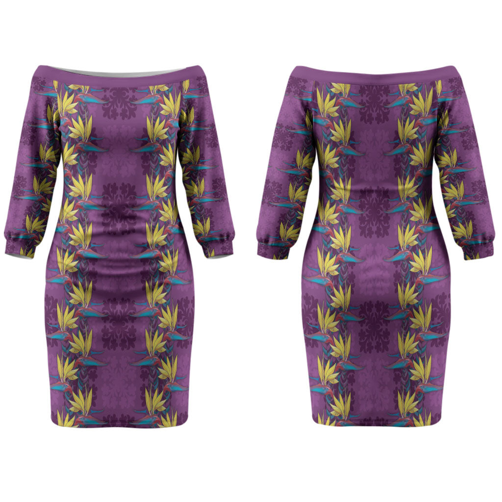 Hawaii Waikiki King Family Matching Off The Shoulder Long Sleeve Dress and Hawaiian Shirt Purple Quilt With Pua Manu LT05 Mom's Dress Purple - Polynesian Pride