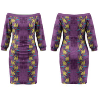 Hawaii Waikiki King Family Matching Off The Shoulder Long Sleeve Dress and Hawaiian Shirt Purple Quilt With Pua Manu LT05 Mom's Dress Purple - Polynesian Pride