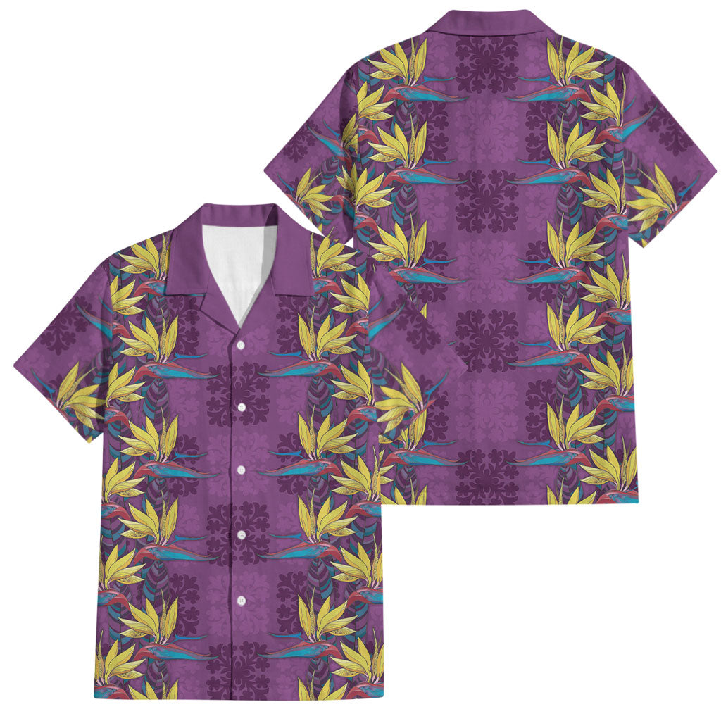 Hawaii Waikiki King Family Matching Off The Shoulder Long Sleeve Dress and Hawaiian Shirt Purple Quilt With Pua Manu LT05 Dad's Shirt - Short Sleeve Purple - Polynesian Pride