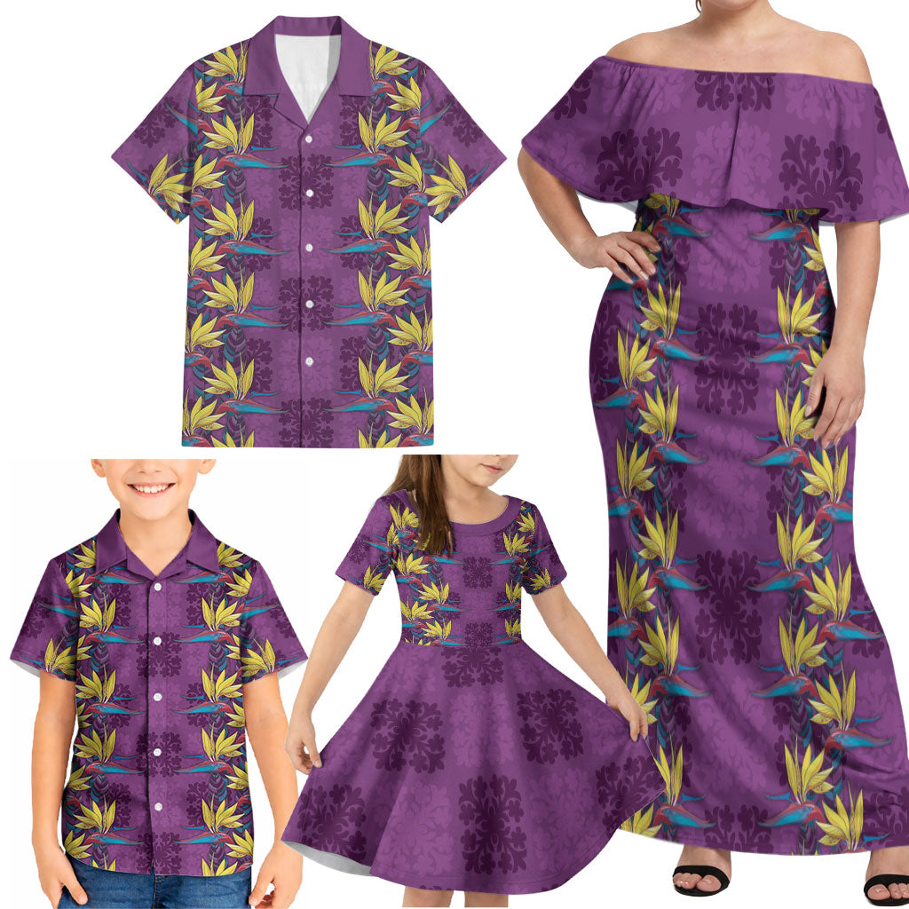 Hawaii Waikiki King Family Matching Off Shoulder Maxi Dress and Hawaiian Shirt Purple Quilt With Pua Manu LT05 - Polynesian Pride