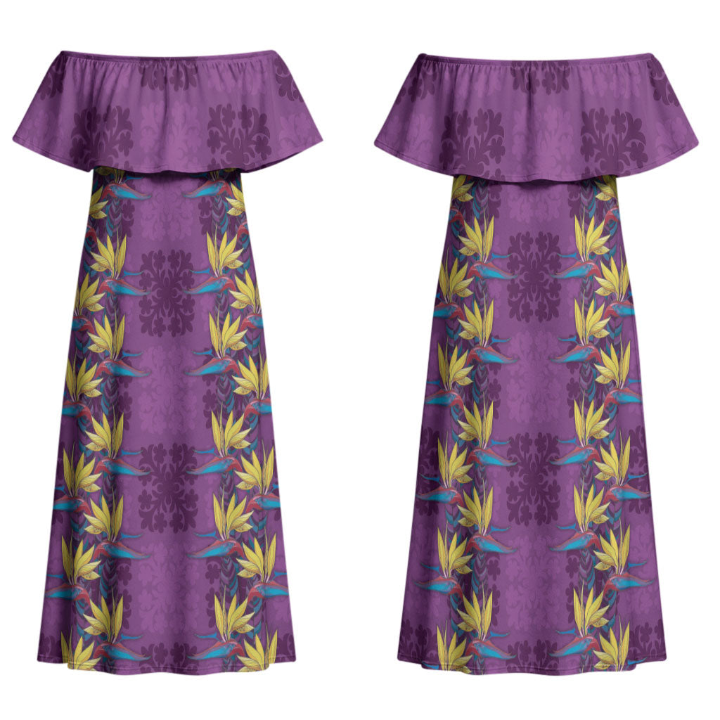Hawaii Waikiki King Family Matching Off Shoulder Maxi Dress and Hawaiian Shirt Purple Quilt With Pua Manu LT05 Mom's Dress Purple - Polynesian Pride