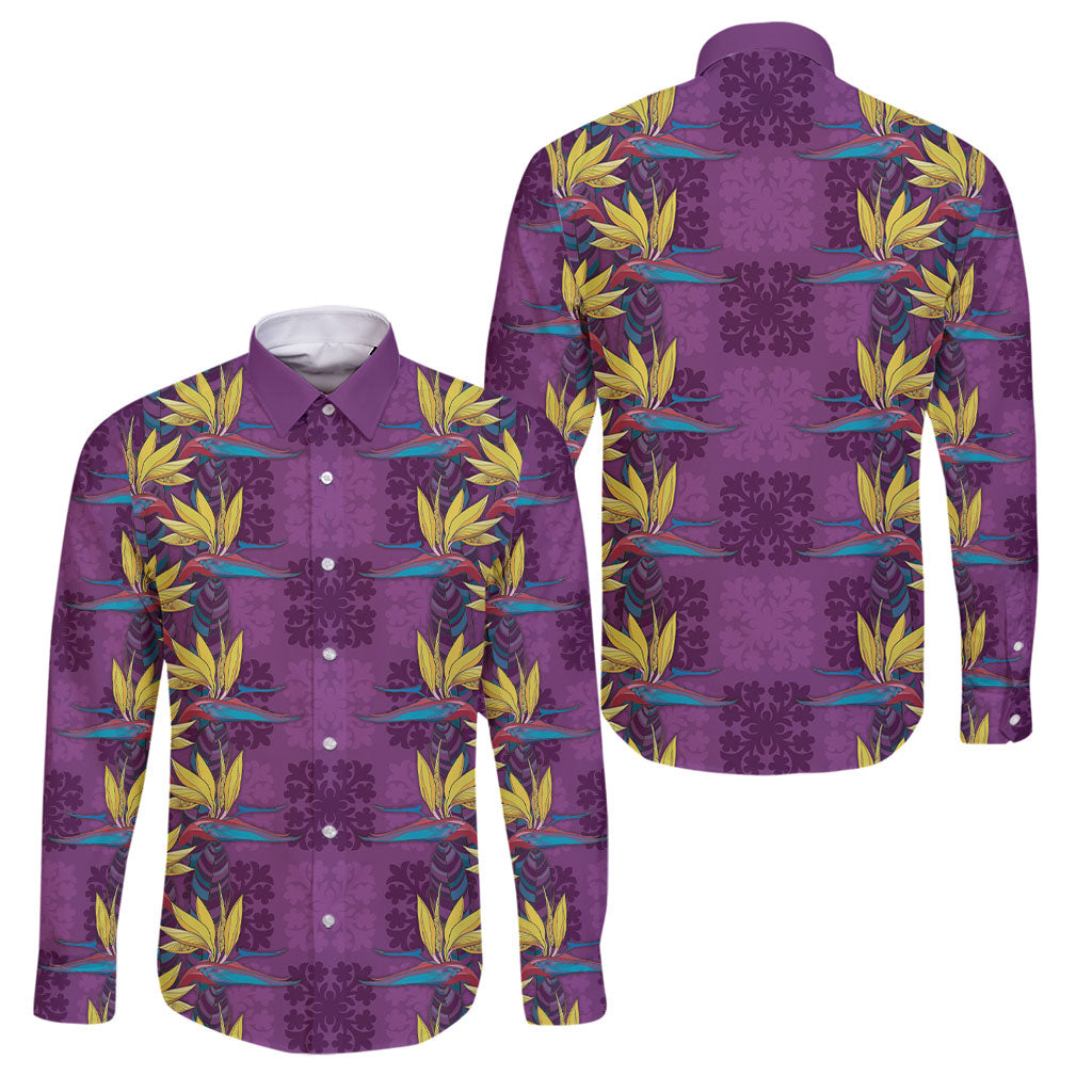 Hawaii Waikiki King Family Matching Off Shoulder Maxi Dress and Hawaiian Shirt Purple Quilt With Pua Manu LT05 Dad's Shirt - Long Sleeve Purple - Polynesian Pride