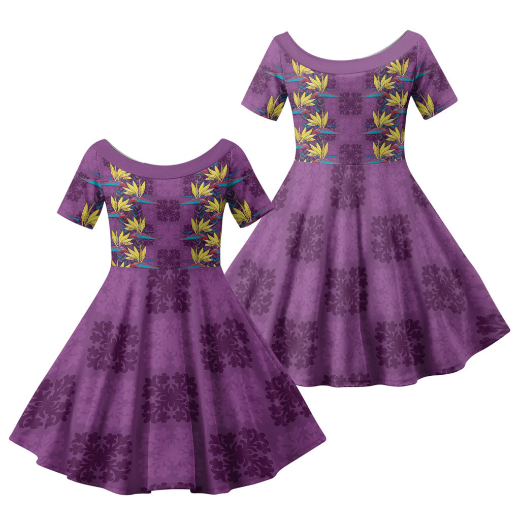 Hawaii Waikiki King Family Matching Off Shoulder Maxi Dress and Hawaiian Shirt Purple Quilt With Pua Manu LT05 Daughter's Dress Purple - Polynesian Pride