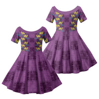 Hawaii Waikiki King Family Matching Off Shoulder Maxi Dress and Hawaiian Shirt Purple Quilt With Pua Manu LT05 Daughter's Dress Purple - Polynesian Pride